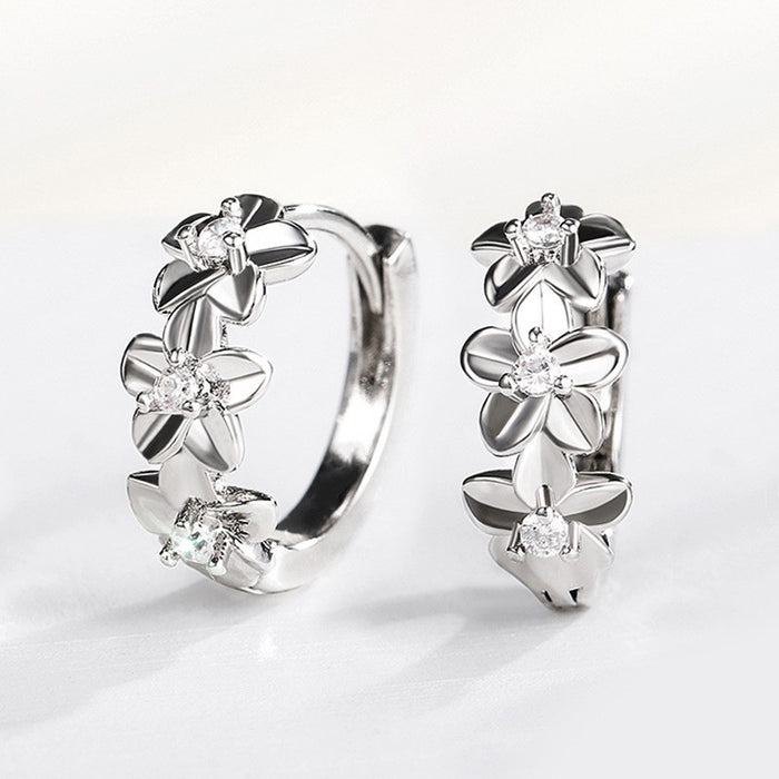 Silver Floral Huggie Hoop Earrings Clear CZ Centers