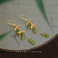 Gold Tone Green Bamboo Branch Long Hook Earrings For Women view 4
