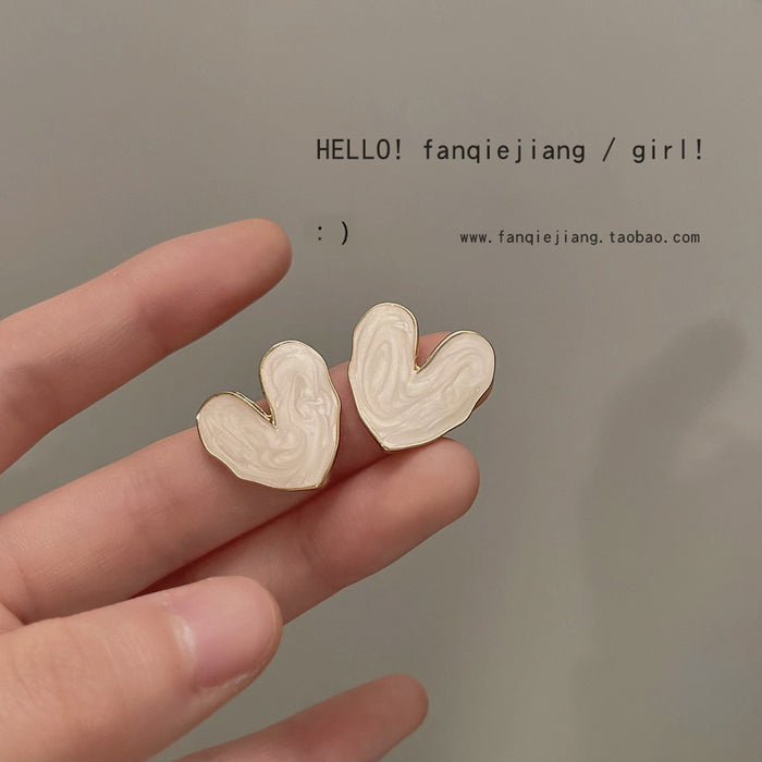 White Glossy Heart Stud Earrings Gold Tone Rim Butterfly Backs
