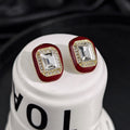 Red Rectangle Crystal Look Gold Border Stud Earrings view 4