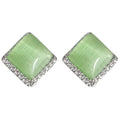 Silver Tone Pale Green Square Stone Clear Corner Halo Stud Earrings view 5