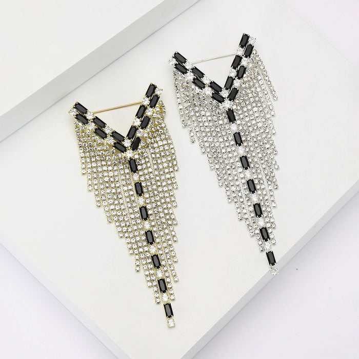 Crystal Y-Shaped Fringe Brooch With Black Chevron Detail