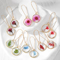 Gold Tone Round Pressed Botanical Resin Long Hook Earrings view 1