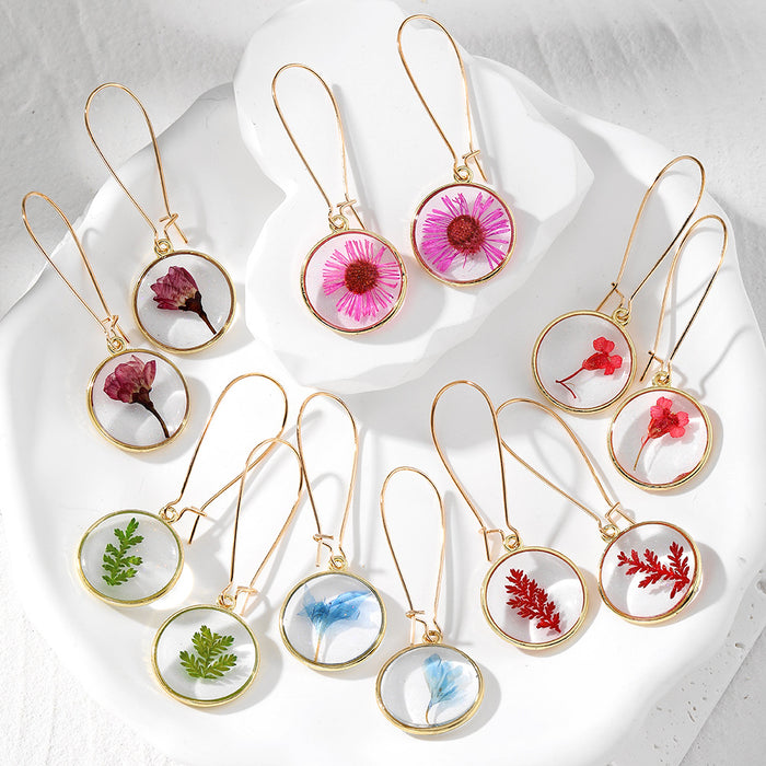 Gold Tone Round Pressed Botanical Resin Long Hook Earrings