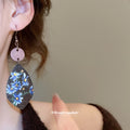 Wooden Blue Daisy Print Teardrop Dangle Hook Earrings view 3