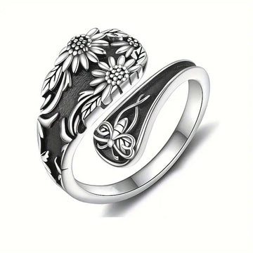 Antique Silver Floral Daisy Bee Open Wrap Ring Design