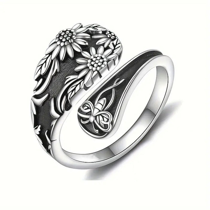 Antique Silver Floral Daisy Bee Open Wrap Ring Design