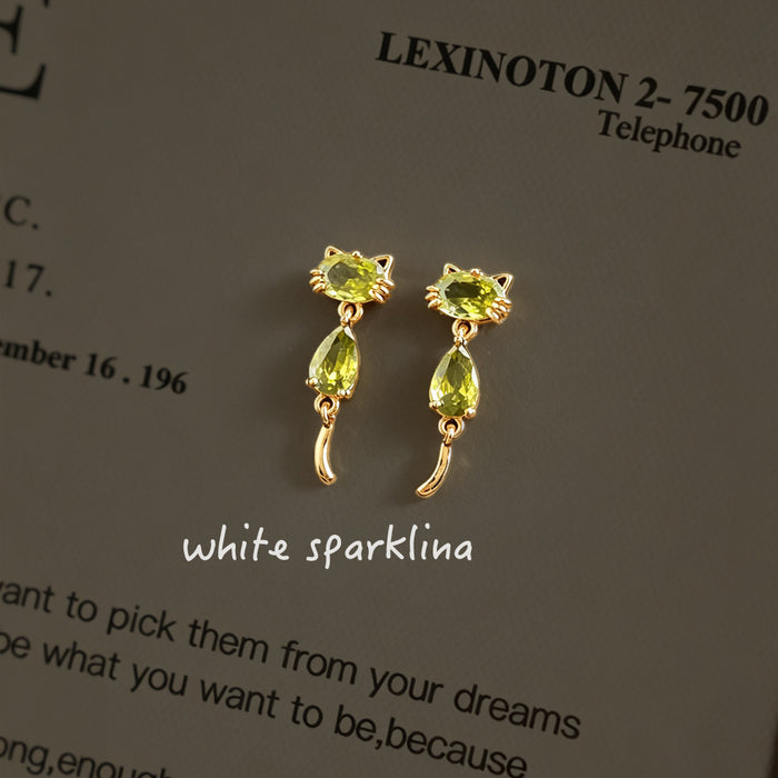 Gold Tone Green Faceted Stone Cat Drop Stud Earrings For Women