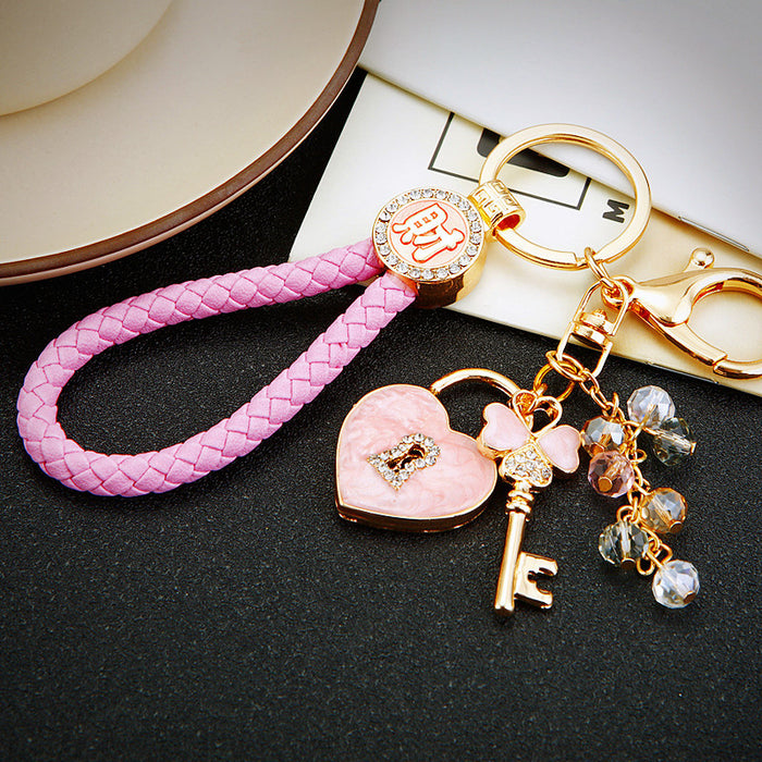 Jeweled Heart Lock and Key Keychains in Pink White and Red Loop Styles