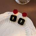 Red Velvet Rose Black Square Drop Earrings Gold Rose Charm view 6