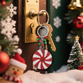 Red White Peppermint Wood Disc Keychain Jingle Bells view 2