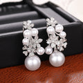 Silver Floral Faux Pearl Clear Stone Cluster Drop Earrings view 2