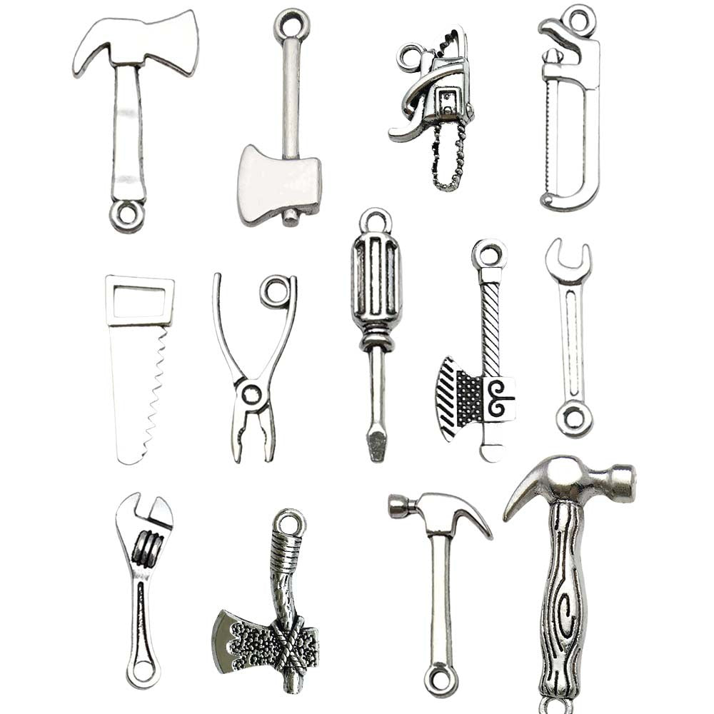 Antique Silver Zinc Alloy Tool Hammer Saw Axe Chainsaw Charm Pendant for DIY Keychain