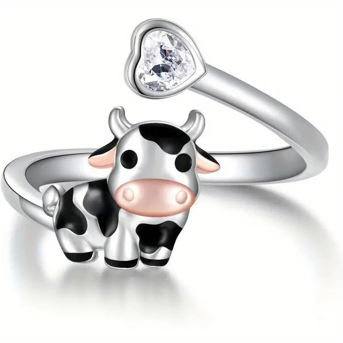 Two Tone Cow Charm Open Adjustable Ring Heart CZ Accent