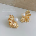 Gold Tone Fan Petal Stud Earrings White Pearl Accent view 4