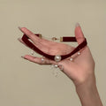 Red Velvet Bow Choker Necklace with Pearl and Chain Drops view 6