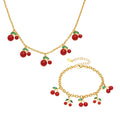 Red Cherry Charm Necklace and Bracelet in Gold Tone view 5