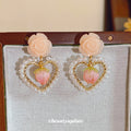 Pink Rose And Heart Drop Earrings With Pearl Borders view 3