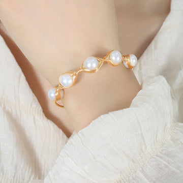 Gold Wire Wrapped Pearl Open Cuff Bangle Bracelet Brass