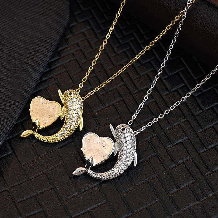 Pink Heart and Dolphin Pendant Necklace in Gold and Silver Tones