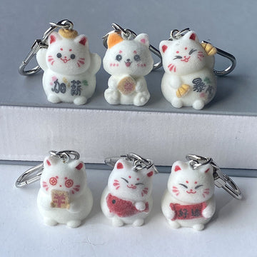 Flocked White Lucky Cat Keychains Lobster Clasp 6 Styles