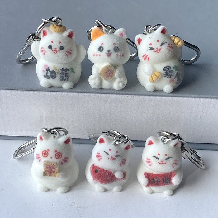 Flocked White Lucky Cat Keychains Lobster Clasp 6 Styles