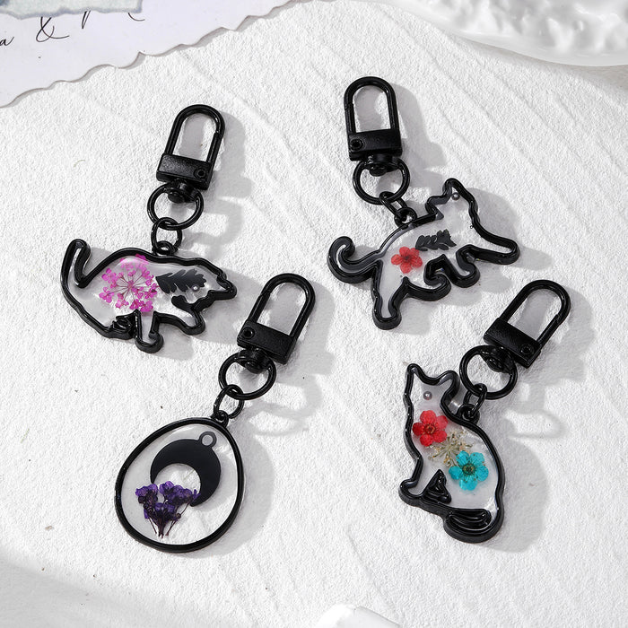 Black Metal Cat Moon Dried Flower Keychains Lobster 4 Styles