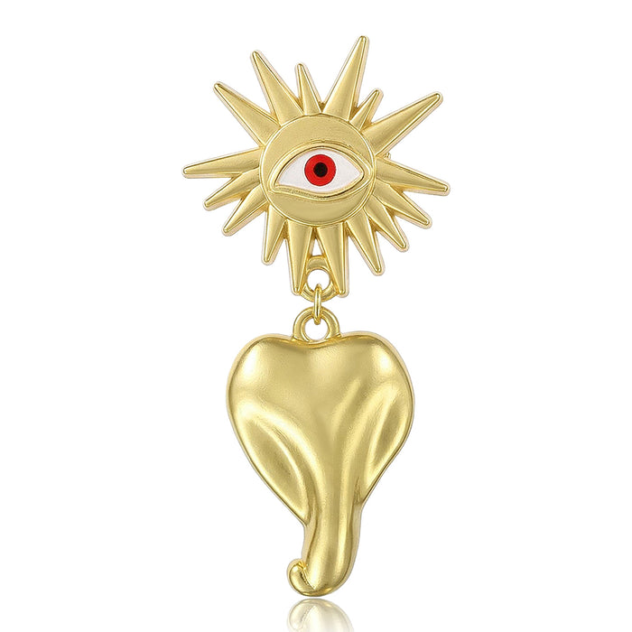 Gold Tone Sun Eye Brooch With Red Eye And Heart Drop