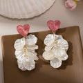 Pink Heart and White Petal Cascade Dangle Stud Earrings view 4