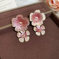 Gold Tone Aqua Leaf Hoop and Pink Floral Drop Earrings view 2