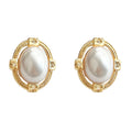 Gold Oval Pearl Frame Micro Crystal Stud Earrings Pair view 5