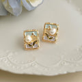 Gold Tone Rectangular Floral Frame And Irregular White Pearl Stud Earrings view 1