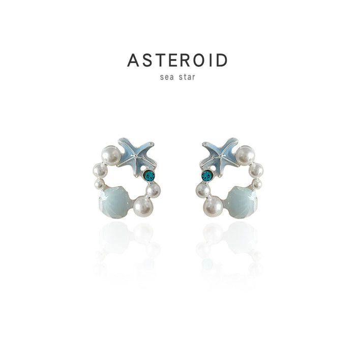Silver Blue Starfish Shell Pearl Circle Stud Earrings