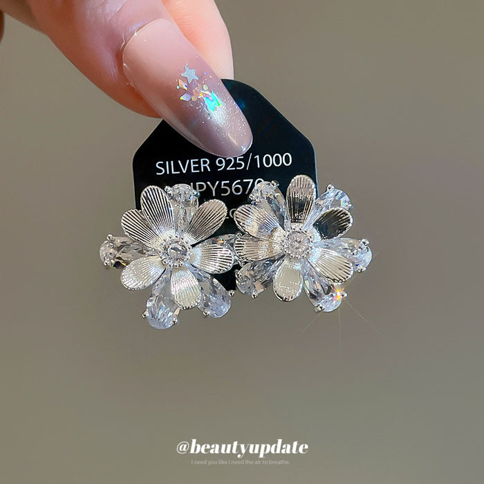Clear Iridescent Floral Crystal Stud Earrings with Crystal Accents