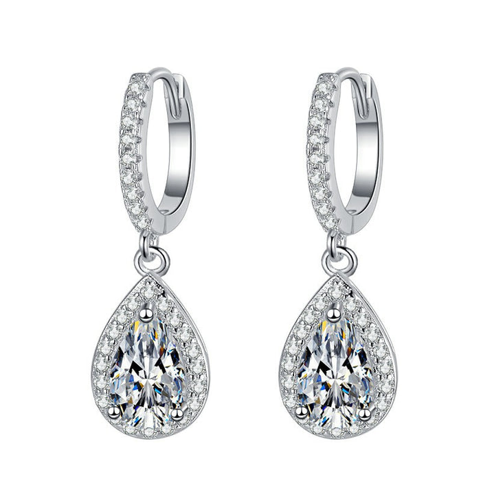 Silver Tone Teardrop Halo CZ Drop Huggie Hoop Earrings