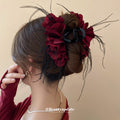 Fabric Petal Flower Hair Claw With Black Feather Fringe In Red Or Black view 4
