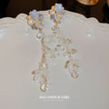 White Floral Pearl Leaf Tassel Earrings Polished Metal Jewelry view 3