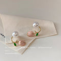 Gold Pink Tulip Pearl Dual Wear Ear Jacket Earrings view 3
