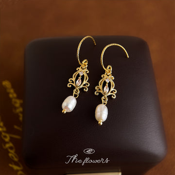 Gold Fishhook Filigree CZ White Pearl Drop Earrings