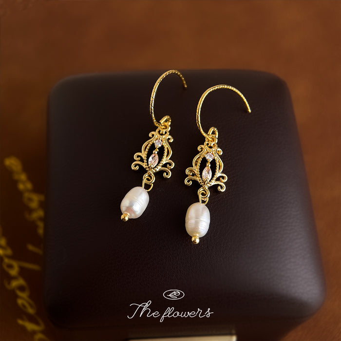 Gold Fishhook Filigree CZ White Pearl Drop Earrings