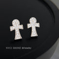 Silver-Tone Pavé Clear Crystal Ankh Cross Stud Earrings view 3