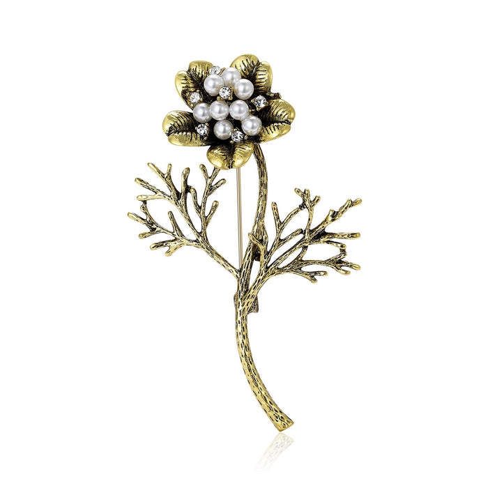 Antique Gold Silver Pearl Branch Flower Plant Brooch