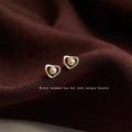 Gold Open Heart Stud Earrings with White Pearl Center view 3