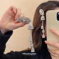 Antique Silver Tone Ornate Barrette With White Stones And Bell Tassels view 4