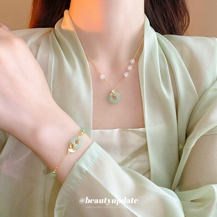 Mixed Pixelated Bracelet Images And Green Disk Pendant Necklace