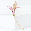 Pink Enamel Lily Brooch Gold Tone Stem Flower Pin Metal Pin view 2