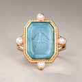 Gold Tone Blue Carved Gem Pearl Accent Ring Sizes 6-10 view 2