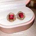 Red Square Crystal Statement Stud Earrings with Metal Settings view 2