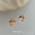 Gold Tone Iridescent Round Shell Like Disc Large Hoop Earrings view 1