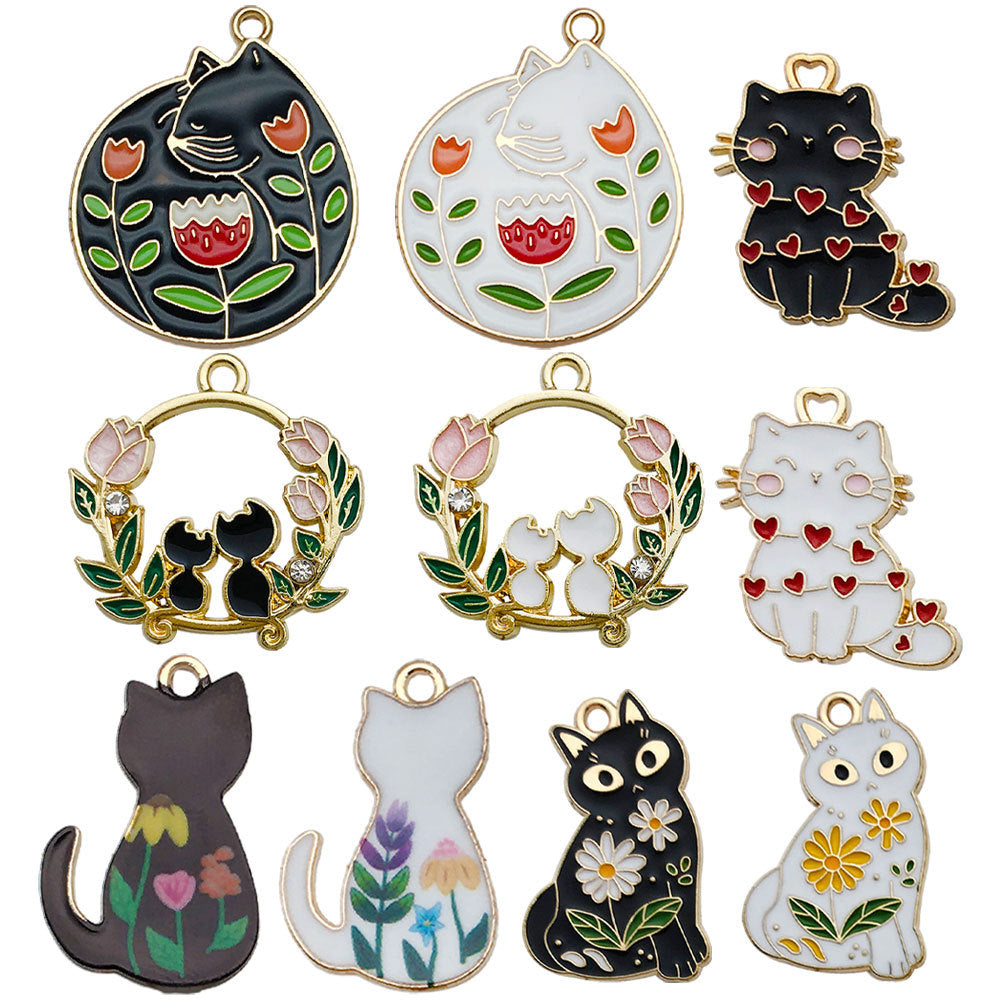 Enamel Zinc Alloy Cat Hollow Ring Charm Pendant for DIY Earrings Keychain Jewelry Making